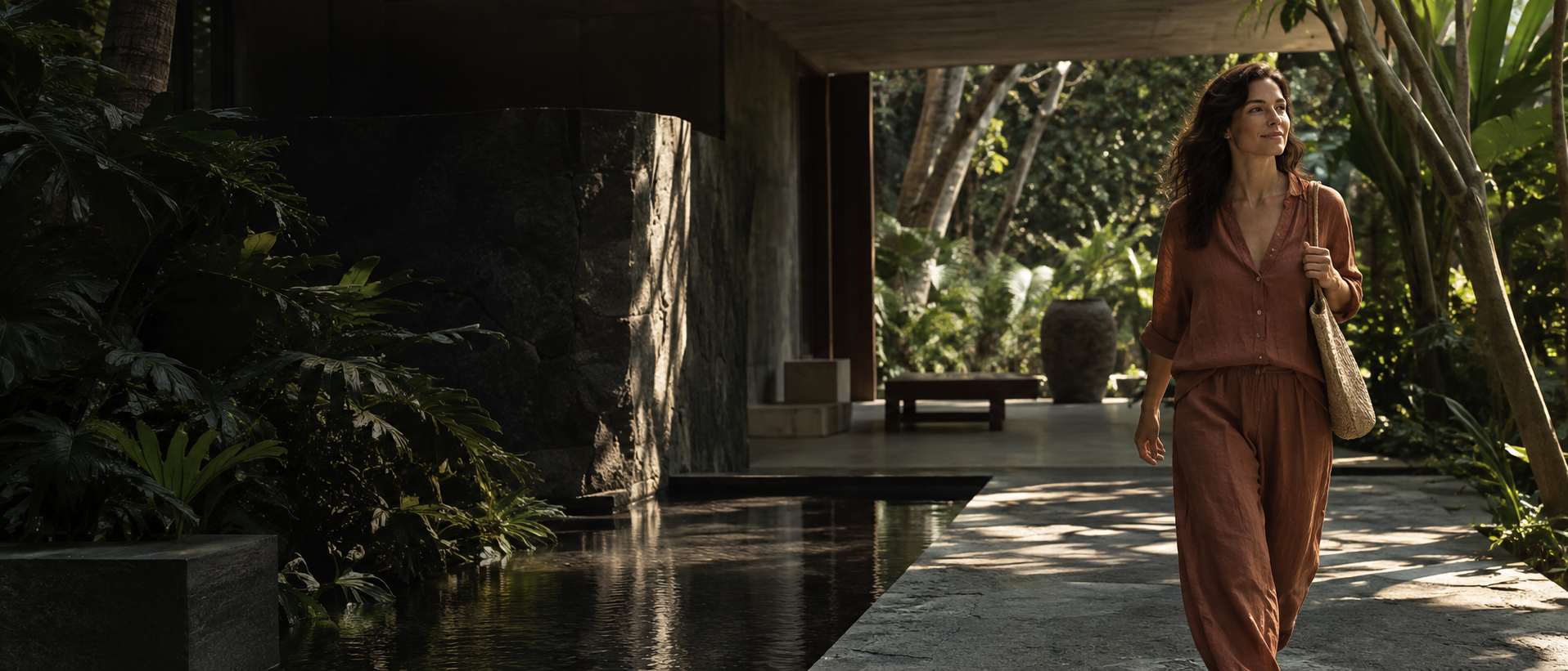 Mulher caminhando com tranquilidade por um jardim contemporâneo